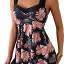 B2prity Tankini Swimsuits for Women Tummy Control Two Piece Modest Bathing Suits Floral Skirt Top with Boyshorts (Large, Black Pink Floral)