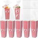 TaoBary 48 Sets Circus Party Favor Bags Carnival Candy Gift Bags Paper Red White Striped Popcorn Boxes with Flat Pocket and Twist Ties Circus Party Supplies for Movie Night
