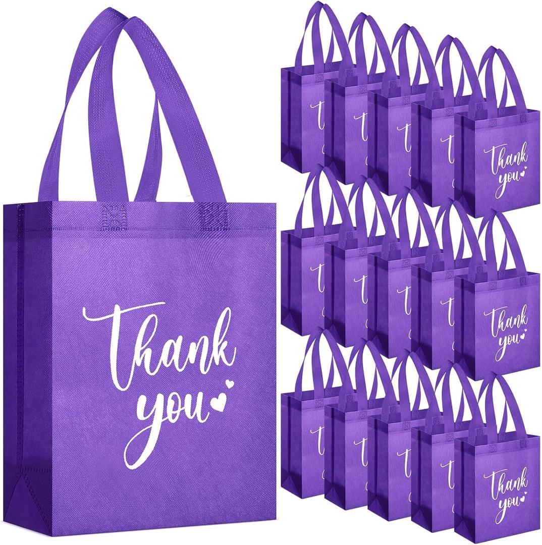 Sweetude 30 Pcs Thank You Gift Bags with Handles, Reusable Non Woven Foldable Goodie Bags Bulk for Graduation Teacher Appreciation Wedding Bridesmaid Favors(10 x 8 x 4 Inch,Dark Purple)