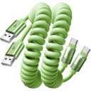 LISEN Coiled USB C Cable, 2 Pack for Android Auto & CarPlay Cable, Short USB A to USB C Cable Compatible with iPhone 17/16/15, Samsung Galaxy S25/S24/S23 A15/A14, Google Pixel 9/8, Green 4FT