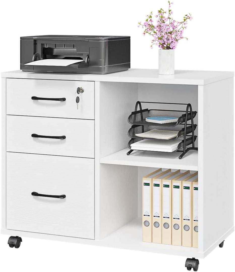 Panana 3 Drawer Office File Cabinets, Mobile Lateral Printer Stand with Open Storage Shelf, Rolling Filing Cabinet with Wheels Home Office Organization and Storage (White), Small
