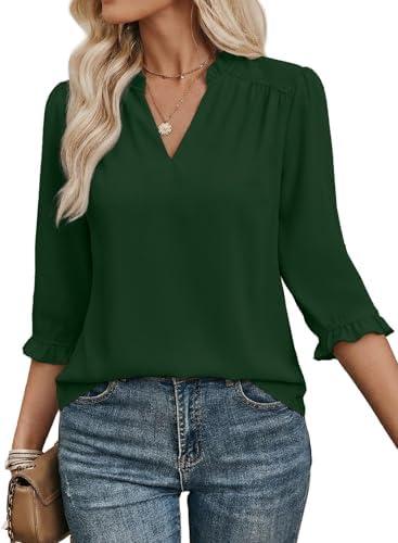EVALESS Blouses for Women Dressy Casual 3/4 Length Sleeve Lace Patchwork Business Work Tops, M