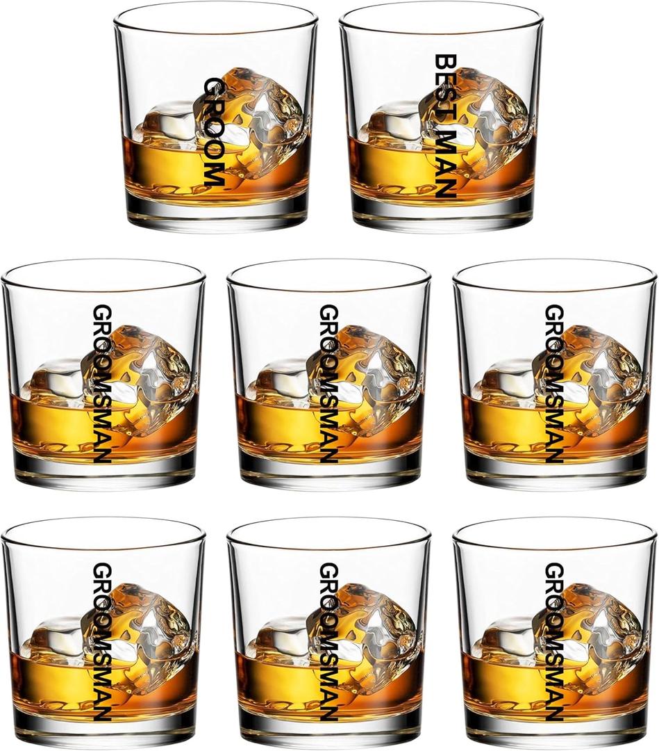 Groomsmen Whiskey Glasses Set of 8-11oz Old Fashioned Rocks Glass - Unique Groomsmen Gifts for Wedding Party, Bachelor Party Favors for Men