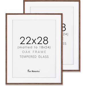Fun Memories Oak Wood Picture Frame 22x28, 22 x 28 Poster Frame for Wall, 22"x28" Wood Frames Photo Frames in Walnut, Tempered Real Glass, 22x28 Frame with Mat for 18x24 (Walnut, Pack of 2)