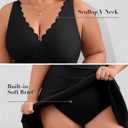 Charmo Women Plus Size Swimdress One Piece Swimsuit Ruched Tummy Control Bathing Suit Scalloped V Neck Flowy Swimwear (Black, XXL)