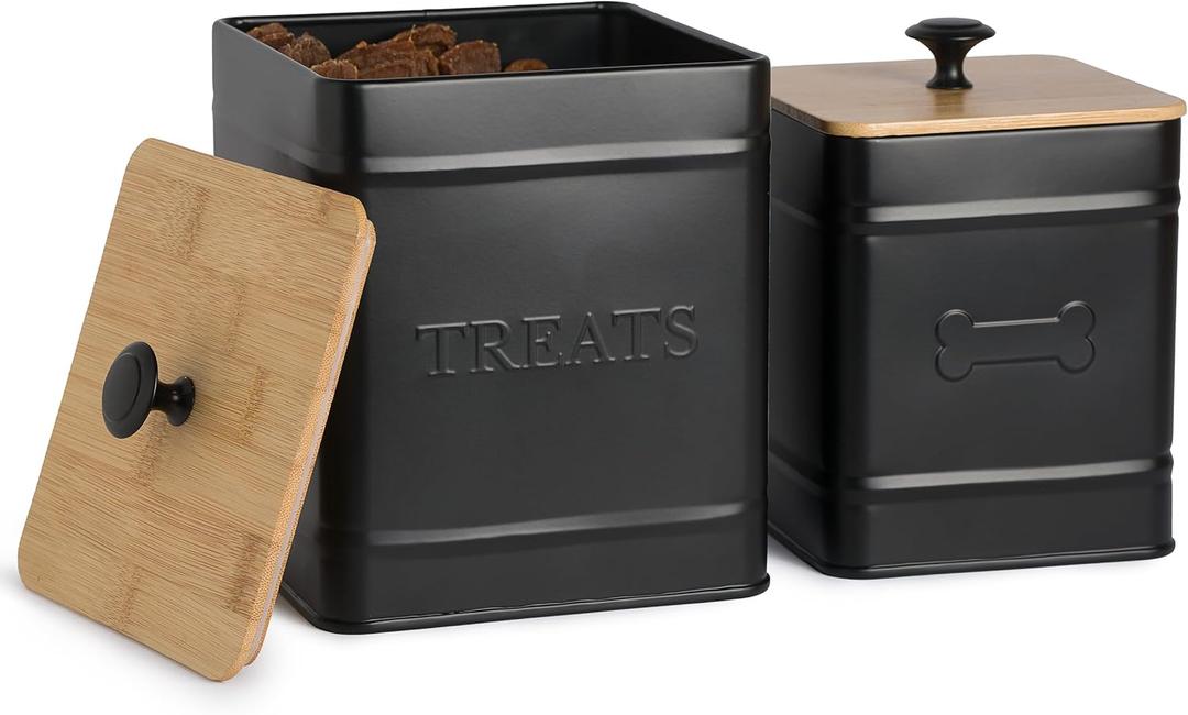 Dog Treat Container Airtight (Set of 2) Dog Treat Jar Matte Black w/Airtight Bamboo Lid, Dog Treat Container for Countertop holds up to 20 cups, Dog Treat Jars for Kitchen Counter