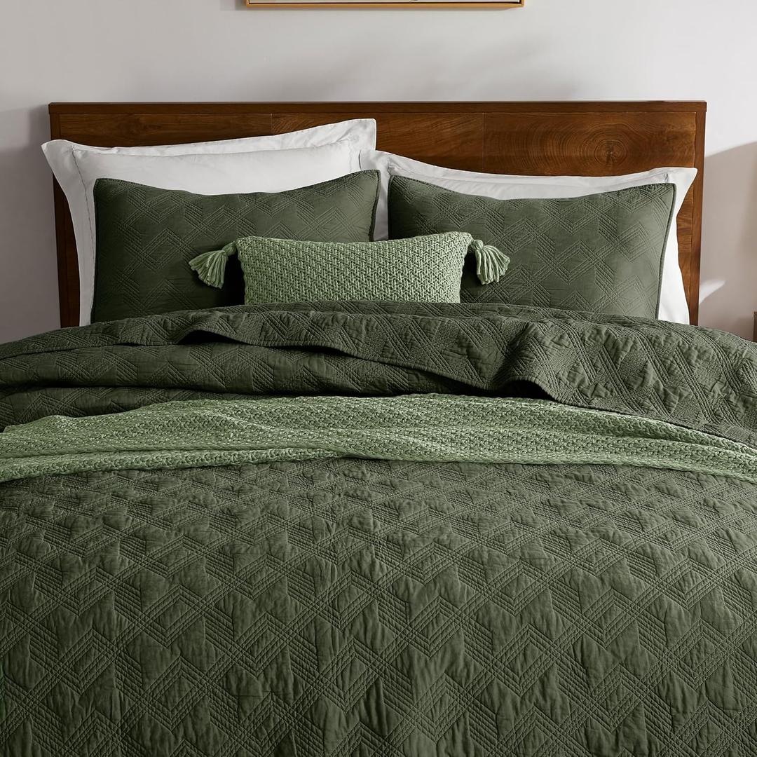 WDCOZY 100% Cotton Oversized King Quilt Set - Olive Green California Cal King Size Soft Lightweight Modern Bedspread, Farmhouse Country Rustic Coverlet, Textured Like Linen, Shabby Chic Bedding