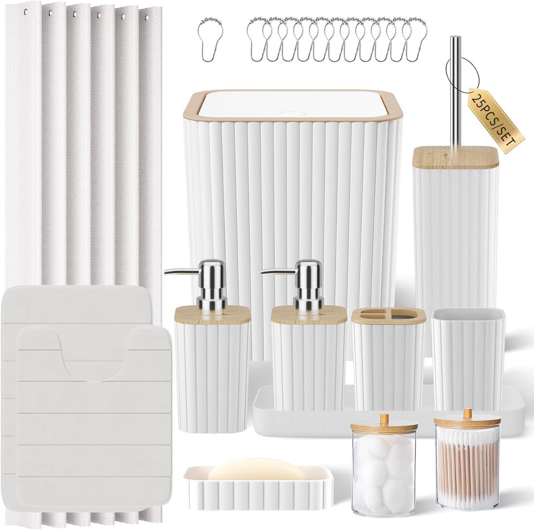 XLHOMO Bathroom Set - 25PC White Bathroom Set with Shower Curtain and Rugs, Bathroom Accessories Set, White Shower Curtain Set with Bathroom Can