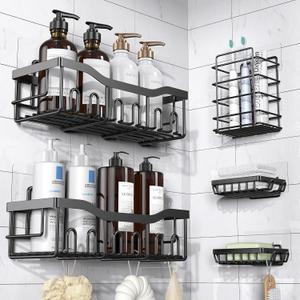 Adhesive Shower Caddy, 5 Pack Rustproof Stainless Steel Bath Organizers With Large Capacity, No Drilling Shelves for Bathroom Storage & Home Decor (5-piece set, Black)