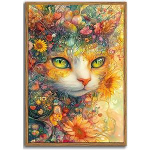 Wunsens Psychedelic Cat Wall Art, Colorful Fantasy Cat and Flowers Canvas Print, Vibrant Abstract Animal Artwork for Living Room, Bedroom, for Living Room, Kitchen, Dining Room 16x24 inch Unframed (Q)