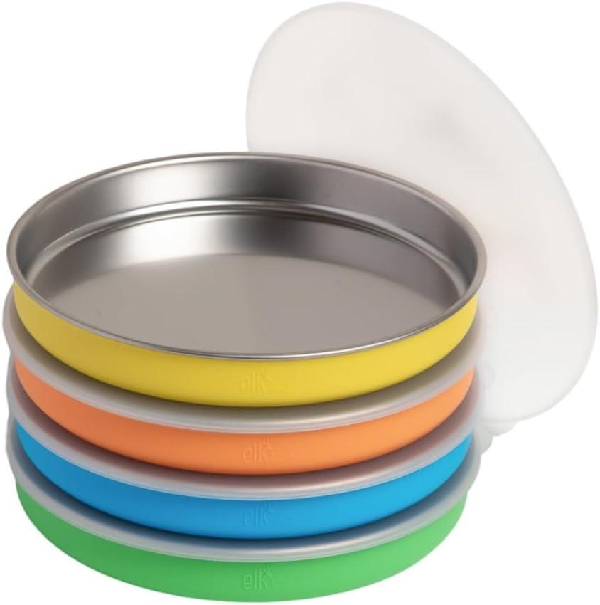 Elk and Friends 7.8 Stainless Steel Non Divided Plates with Silicone Sleeve + Storage Lid | Baby, Toddler, Kids | Dishwasher Safe | Dinner & Snack Plates | 4 Pack