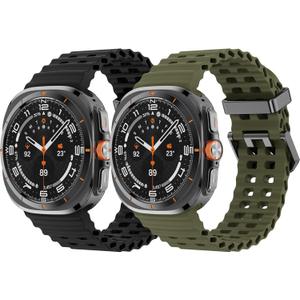2 x 2 Pack Ocean Bands Compatible with Samsung Galaxy Watch Ultra 47mm (2025/2024) Women Men, Adjustable Breathable Silicone Strap for Galaxy Watch Ultra Bands (Black/Army Green)