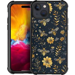 Compatible with iPhone 15 Plus Case,Vintage Yellow Bee Floral Amazing Pattern Design Shockproof Anti-Scratch Hard PC Back Case for iPhone 15 Plus