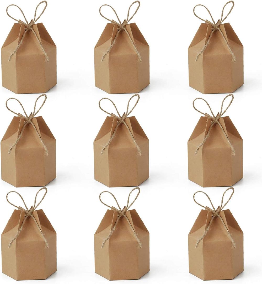 Lamantery 50Pack Mini Paper Gift Boxes Lantern Hexagon Kraft Paper Package Box with Twine Candy Chocolate Gift Packing Wrap for Wedding Party Christmas Brown