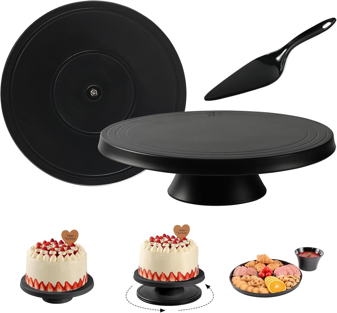 12 inch Revolving Cake Stand with Spatula, Black Rotating Cake Turntable for Cake, Bamboo Fiber, Multi-Functional Rotating Cake Stand for Decorating Used as Cake Plate Holder & Serving Platter