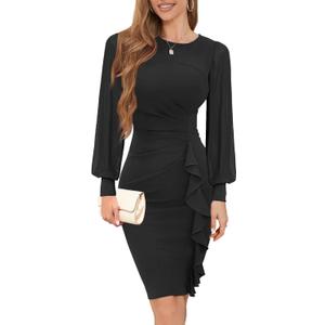 IHOT 2025 Women's Long Sheer Sleeve Ruched Sheath Bodycon Cocktail Party Work Dress (Medium, Black)