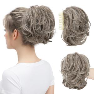 Claw Clip Short Ponytail Messy Bun Hair Piece Bendable Hair Branch Extensions Fluffy Wavy Curly Synthetic Versatile Ash Grey Hairpieces (Ash Grey)