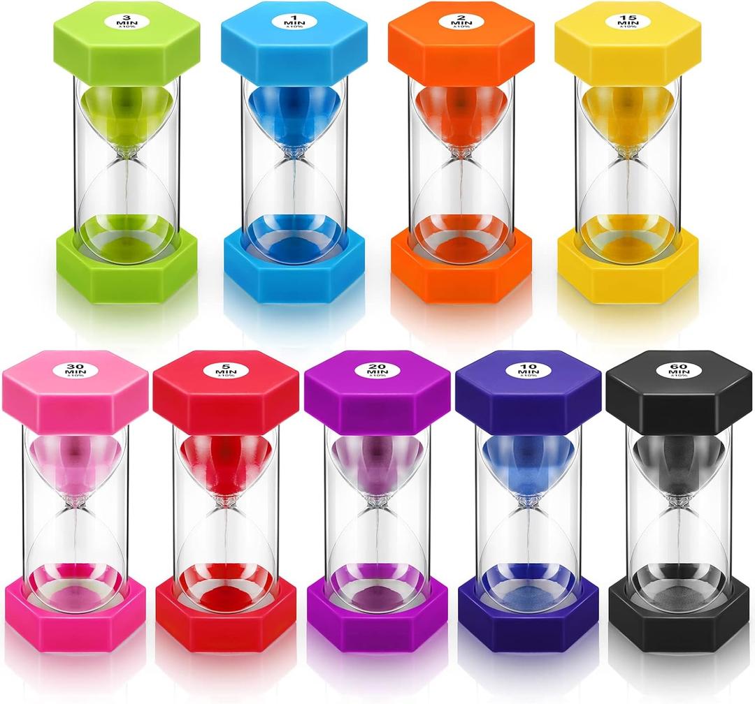 Yunsailing 9 Packs Colorful Sand Timer Hourglass Set 1/2/3/5/10/15/20/30/60 Minutes Visual Sand Clock Timer Plastic Sandglass for Home Office Kitchen Game Use(Classic Colors)