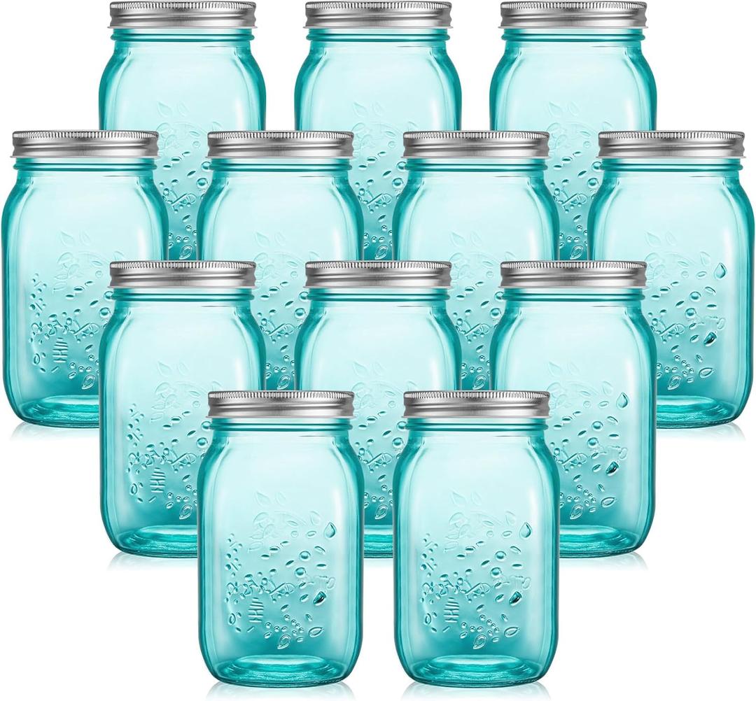 Tessco for you 12 Pcs Bulk Teal Mason Jars with Lids 16 oz Decorative Centerpieces Glass Pint Canning Containers Regular Mouth for Flower Food Storage Wedding Halloween Christmas DIY Crafts