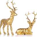 Set of 2 Gold Reindeer Christmas Decor Figurines - Handcrafted Resin Deer Statues for Tabletop Mantel or Shelf, Elegant Gold Reindeer Decor and Christmas Deer Figurines for Holiday Home Decoration