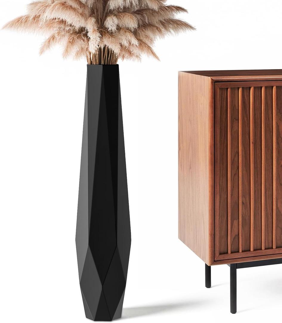 Large Floor Vase 31.5" Matte Black, Resin Geometric Faceted Vase with Angular Multi-Surface Design for Dried Pampas Grass Branches, Modern Decor for Living Room Corner