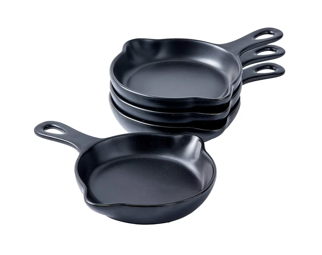 Bruntmor Pre-Seasoned 5" Matte Ceramic Cast iron Skillet Look Serving dessert Appetizer Plates, Dishwasher and Oven Safe, Dinner Set of Skillet - Set of 4 (Black)
