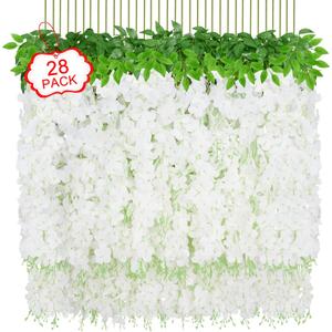 Yastouay 28 Pcs Wisteria Hanging Flowers, 3.77 Ft/Pcs Artificial Hanging Flowers, White Fake Wisteria for Wedding Party Backdrop Wall Home Decoration