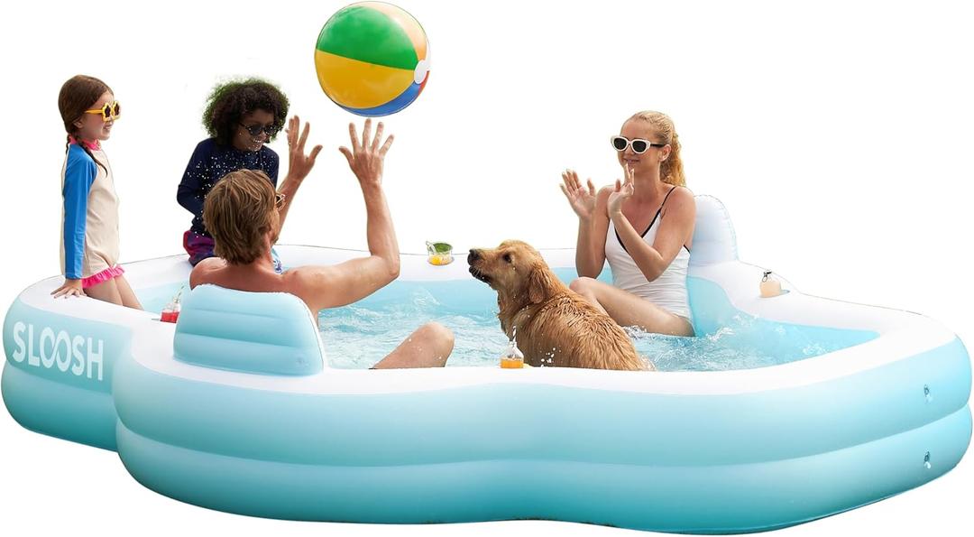 SLOOSH Inflatable Pool for Family with Seats, 120" x 101" x 26" Full-Sized Blow Up Durable Thickened Above Ground Pool with Backrest Cup Holders,Swimming Pools for Backyard Summer Water Lawn, Cyan