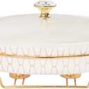 Ceramic Casserole Dish with Glass Lid and rack, 54 ounce Serving Soup Tureen,Chafing Dish for Buffet, Family Food preserve Tray, Catering Casserole for Party Style, White 14.2 Inch Oval
