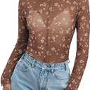 Mesh Long Sleeve Tops for Women Floral Lace Undershirt Sheer Top Mock Neck Fitted Blouse Sexy Going Out Outfits Party  Floral Brown White XL