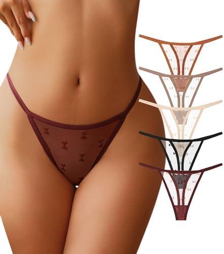 J-pone G-String Thongs for Women T-back Lace Hollow Out Low Waist Thongs Breathable Cheeky Sexy Underwear Panties 5Pack L