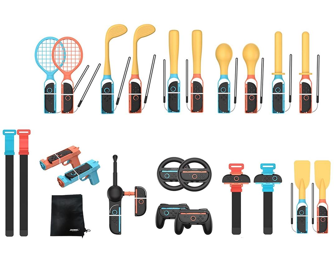 Switch2 Sports Accessories Bundle - 24 in 1 Family Pack with Tennis, Colf Clu Baseball Bat Maracas Kendo Leg Straps Hand Strap Storage Bag Fishing Rod Paddle Controller Grip Controller Racing Wheel for Switch 2 Joycon