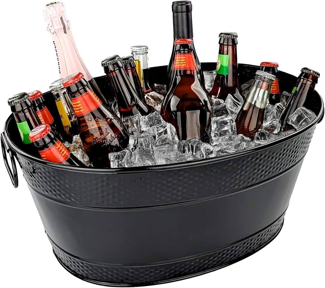BREKX Colt Black Galvanized Beverage Tub with Handles, 16-Bottle Metal Bucket Ice Cooler to Chill Drinks, Oval Metal Basket for Drinks or Storage Bin - 15 Quarts (4 Gallon)