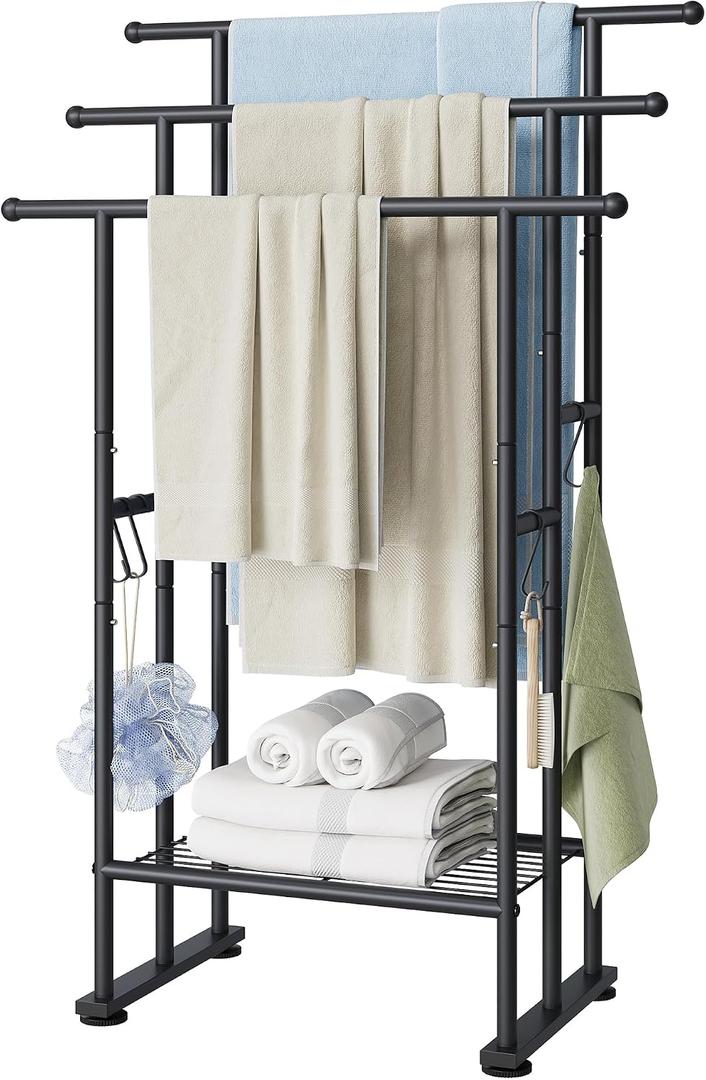 ELYKEN 3 Tier Standing Towel Rack, 40'' Tall Towel Drying Rack Outdoor, Freestanding Floor Towel Rack with Shelf, Pool Towel Blanket Stand, Metal Towel Racks for Bathroom freestanding, Matte Black