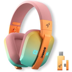 SOMIC G810 Wireless Headset 2.4G Low Latency Headset for PC PS4 PS5 Laptop, Bluetooth 5.2 Wireless Headphone with Built-in Mic, 50H Playtime, RGB Light Foldable for Gamer (Xbox Only Work in Wired) (Gradient Orange Green)