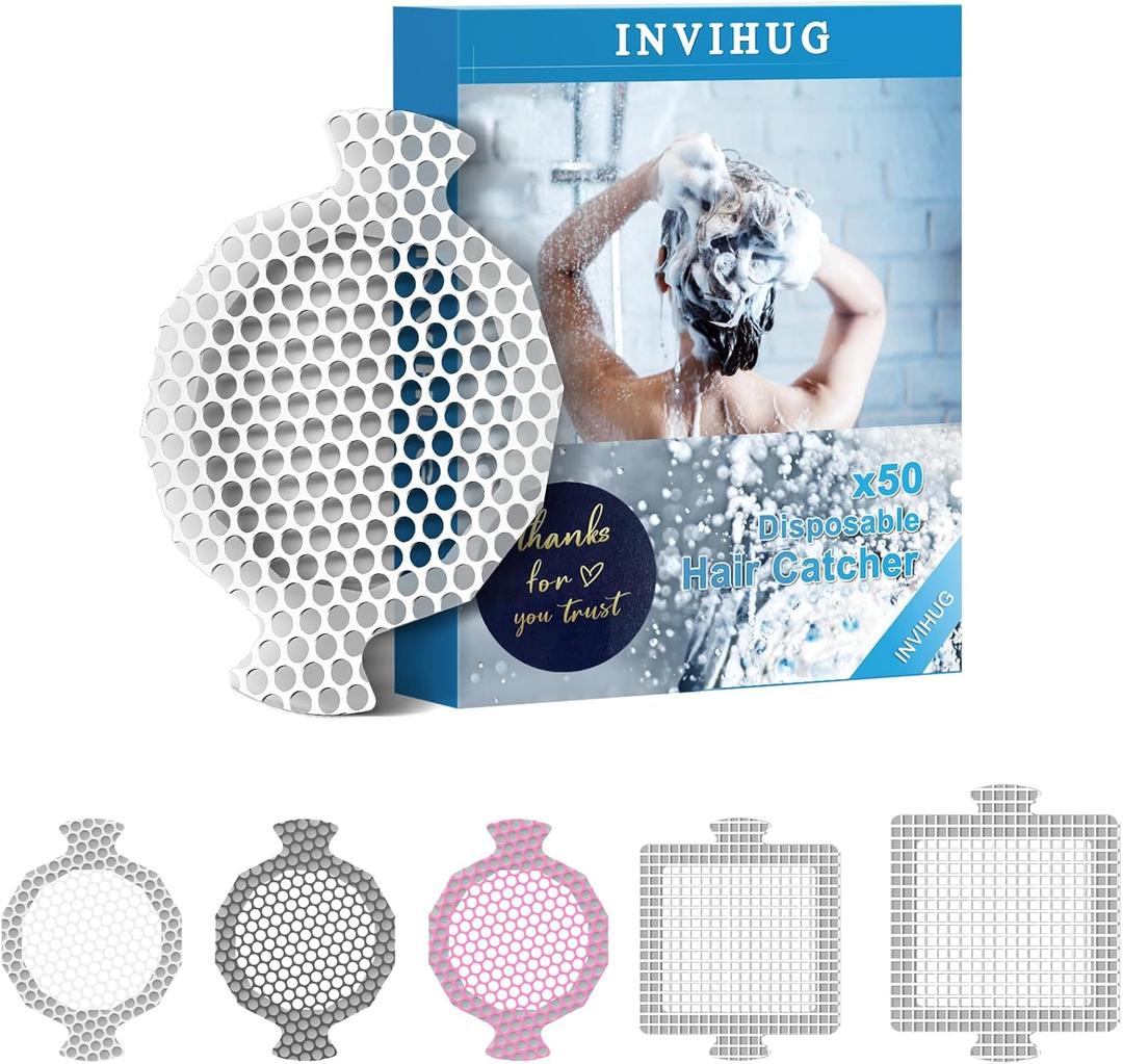 INVIHUG Disposable Shower Drain Hair Catcher Mesh Stickers, 50 Pack, Hair Catcher for Shower (White, 50 Pcs) NRHC-01 (3.5inch-50)