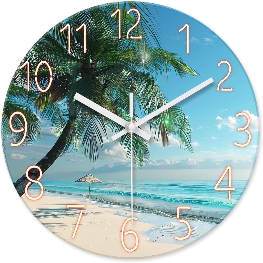 XFM Beach Wall Clock Silent Non-Ticking Battery Operated Clocks 12 Inch Blue Ocean Tropical Palm Tree Wall Clock Decorative for Living Room Kitchen Bedroom Office