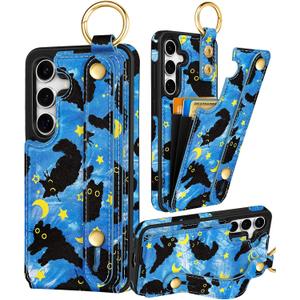 Petitian for Samsung Galaxy S25/S24 Case with Wallet - Women Girls Cute Girly Aesthetic Unique Design with Leather Credit Card Holder Cardholder Stand Wristband, Blue Cat