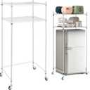 Tandefio 2 Tier Mini Fridge Stand with Storage for Dorm Microwave Stand Over Mini Fridge Storage Shelf with Wheels Adjustable Height Organizer for Kitchen College Rooms Pantry(White)