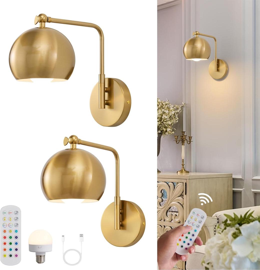 Powfloven Gold Battery Operated Wall Sconces Set of 2, Rechargeable Cordless Wall Light Fixture with Remote, Dimmable Wireless Battery Powered Wall Decor Lighting Lamp for Bedroom Living Room