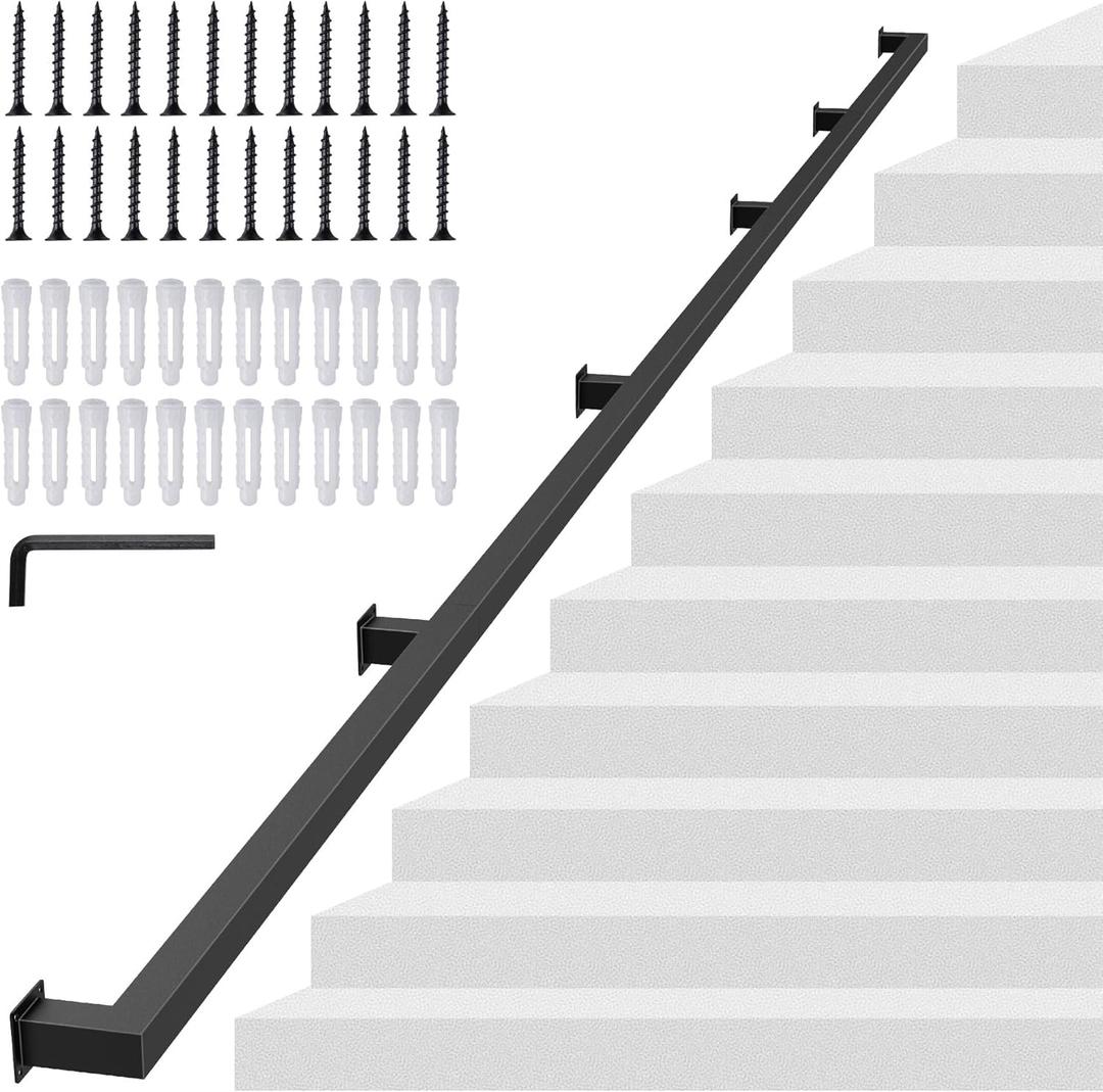 13FT Square Tube Handrail for Indoor Stairs,Matte Black Industrial Metal Stair Rail,500LBS Load Capcity Wall Mount Stair Hand Rail for Child,Seniors,Pregnant,Non-Slip Outdoor Iron Stair Rail,5 Section