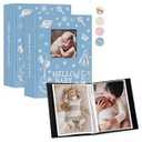 Lanpn Baby Photo Album 4x6 100 Pockets 2 Packs, Mini Linen DIY Window Photo Book Newborn Bebe Album Memory Book Sets, Holds 100 Top Loader Vertical Pictures Gift for Kids Boy Girl Baby Shower, Blue