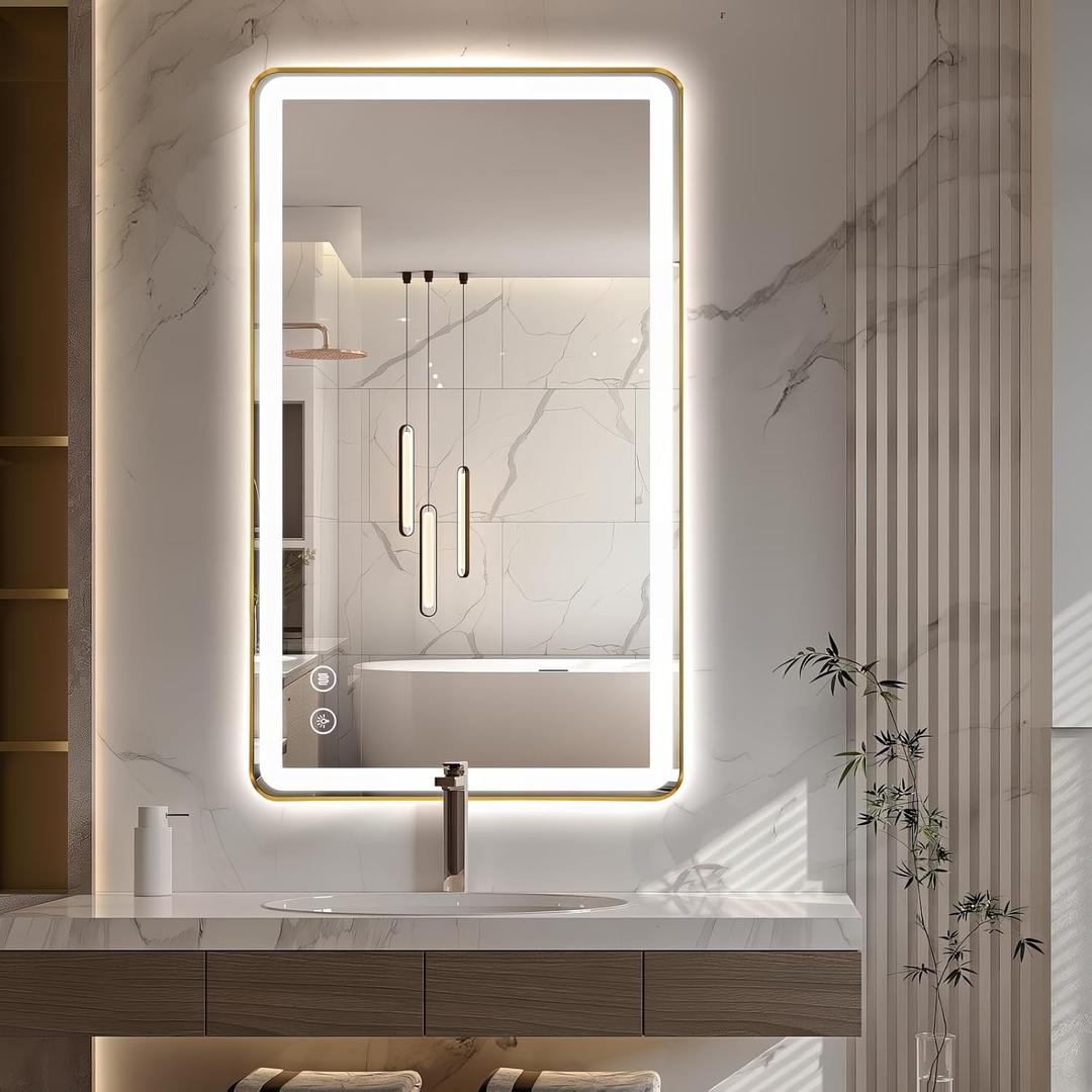 Niccy LED Bathroom Mirror, 40"x24" Rectangle Wall Mounted Vanity Mirrors with Metal Frame, Anti Fog Dimmable Smart Mirror for Bathroom/Bedroom/Livingroom/Entryway, (Horizontal or Vertical),Gold