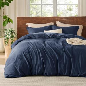 Bedsure 100% Washed Cotton Duvet Cover Queen Size - Navy Minimalist Cotton Duvet Cover Linen Like for All Seasons - GentleSoft Plain Simple Bedding, 3 Pieces (Navy, Queen, 90"x90")