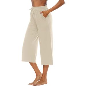 OYANUS Capris for Women Casual Summer Loose Comfy Drawstring Wide Leg Capri Pants with Pockets (Beige, XL)