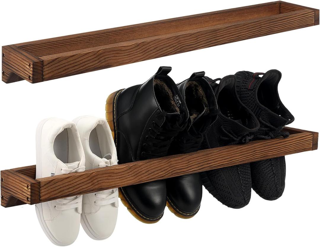 Wenqik 2 Pcs Wall Mounted Shoe Rack 30 Inch Rustic Wood Wall Hanging Shoe Rack Space Saving Footwear Holder Shoe Storage Organizer for Mudroom, Entryway, Closet (Burnt Wood)