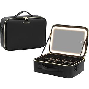 Large Size PU Cosmetics Train Case with LED Lighted Mirror Rechargeable 3 Color Lights Portable Makeup Artist Organizer with Adjustable Dividers and Shoulder Strap (Pure Black)