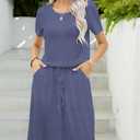 levaca Womens Summer Casual Dress Belly Drawstring Beach Coverup Short Sleeve 2025 Outfit Midi Sundress with Pockets (L)