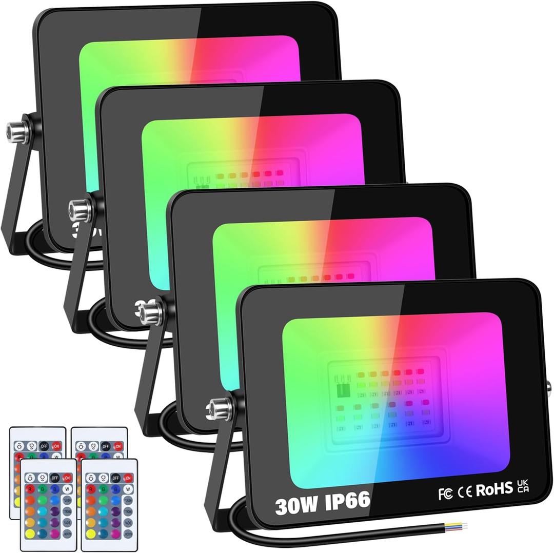 RIGIDON 4 Pack 30W LED Flood Light Outdoor, 16 Colour Changing IP66 Waterproof RGB Flood Lights with Remote Control for Garden, Yards, Stage, House Landscape Lighting