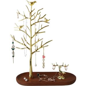 MORE&LESS Branch Jewelry Rack with deer, for Ring Earrings Necklace Bracelet,Suitable for living rooms, bathrooms,offices,etc. (C Tree&Deer Wood Tray)